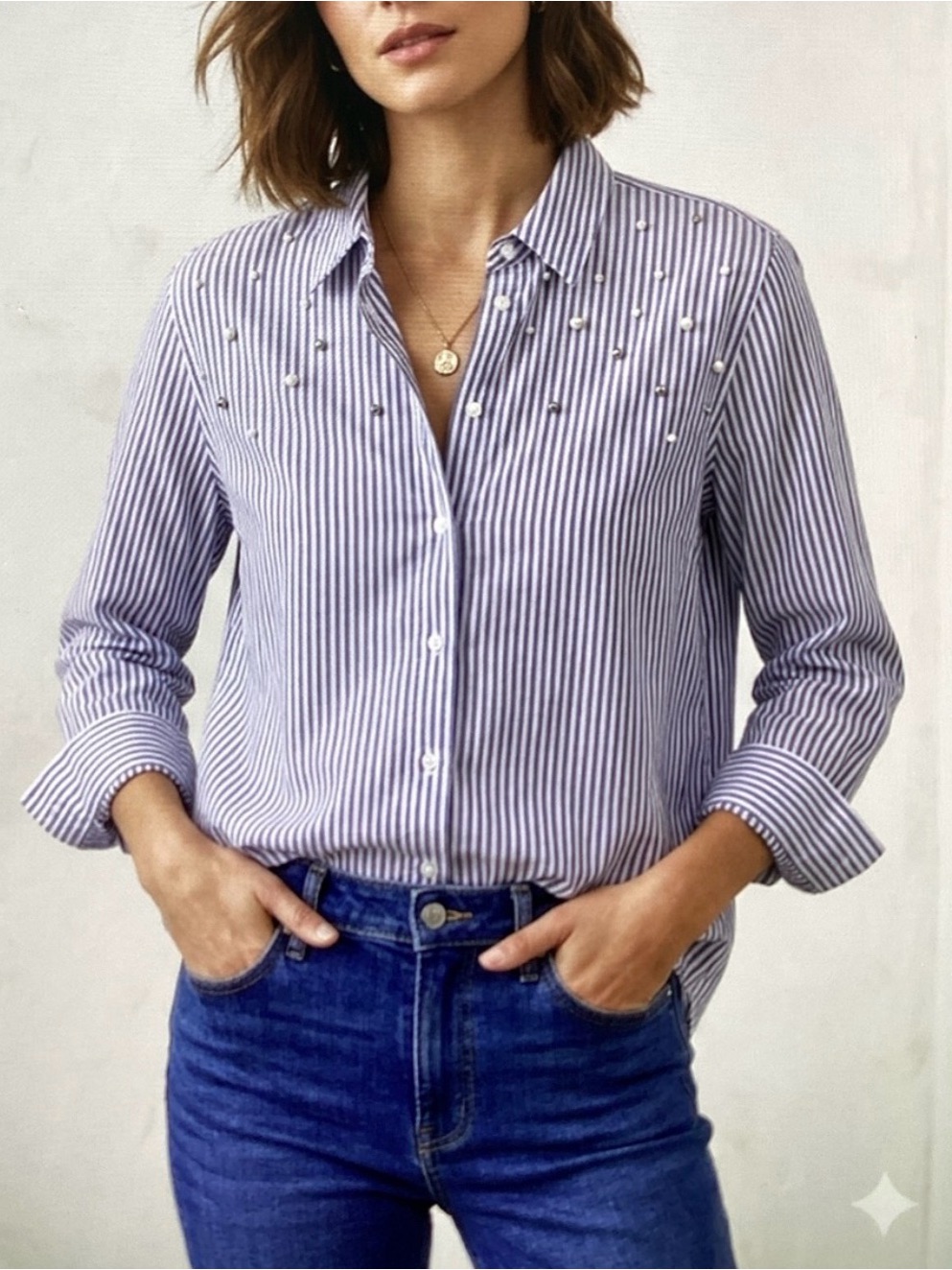 Rails Taylor Pearl Embellished Striped Button Down Shirt S